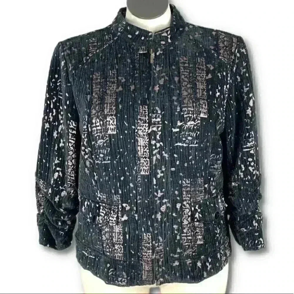 Christopher & Banks blazer XL black caramel brown metallic artsy paint splatter
